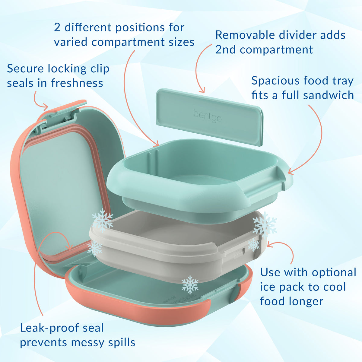Bentgo® Chill Mini Lunch Box - Seaside Papaya | Secure Locking Clips Seals In Freshness, Spacious Food Tray Fits A Full Sandwich, Use With Optional Ice Pack To Cool Food Longer, Leak-proof Seal Prevents Messy Spills, Removable Divider To Add 2nd Compartment, And 2 Different Positions For Varied Compartment Sizes