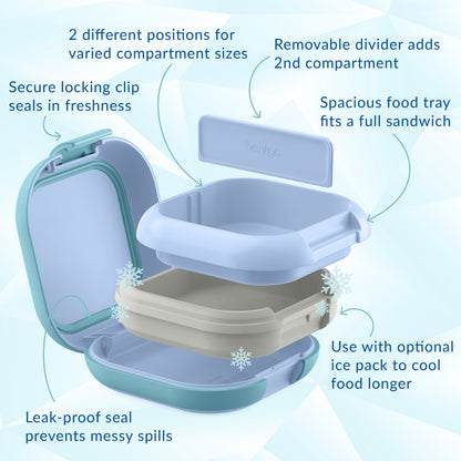 Bentgo® Chill Mini Lunch Box - Tide Blues | Secure Locking Clips Seals In Freshness, Spacious Food Tray Fits A Full Sandwich, Use With Optional Ice Pack To Cool Food Longer, Leak-proof Seal Prevents Messy Spills, Removable Divider To Add 2nd Compartment, And 2 Different Positions For Varied Compartment Sizes