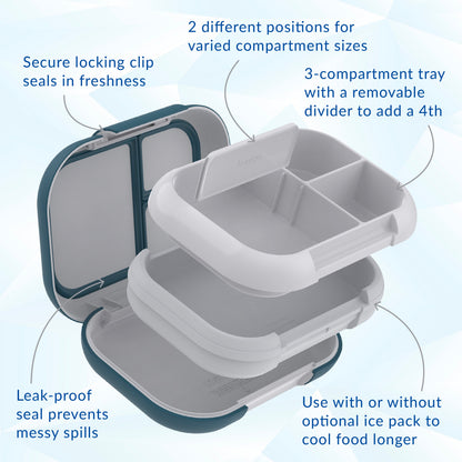 Bentgo® Chill Max Lunch Box - Fog and Deep Teal | Secure Locking Clip, 2 Different Positions For Varied Compartment Sizes, 3-Compartment Tray With A Removable Divider To Add A 4th, Leak-Proof Seal Prevents Messy Spills, And Use With Or Without Optional Ice Pack To Cool Food Longer