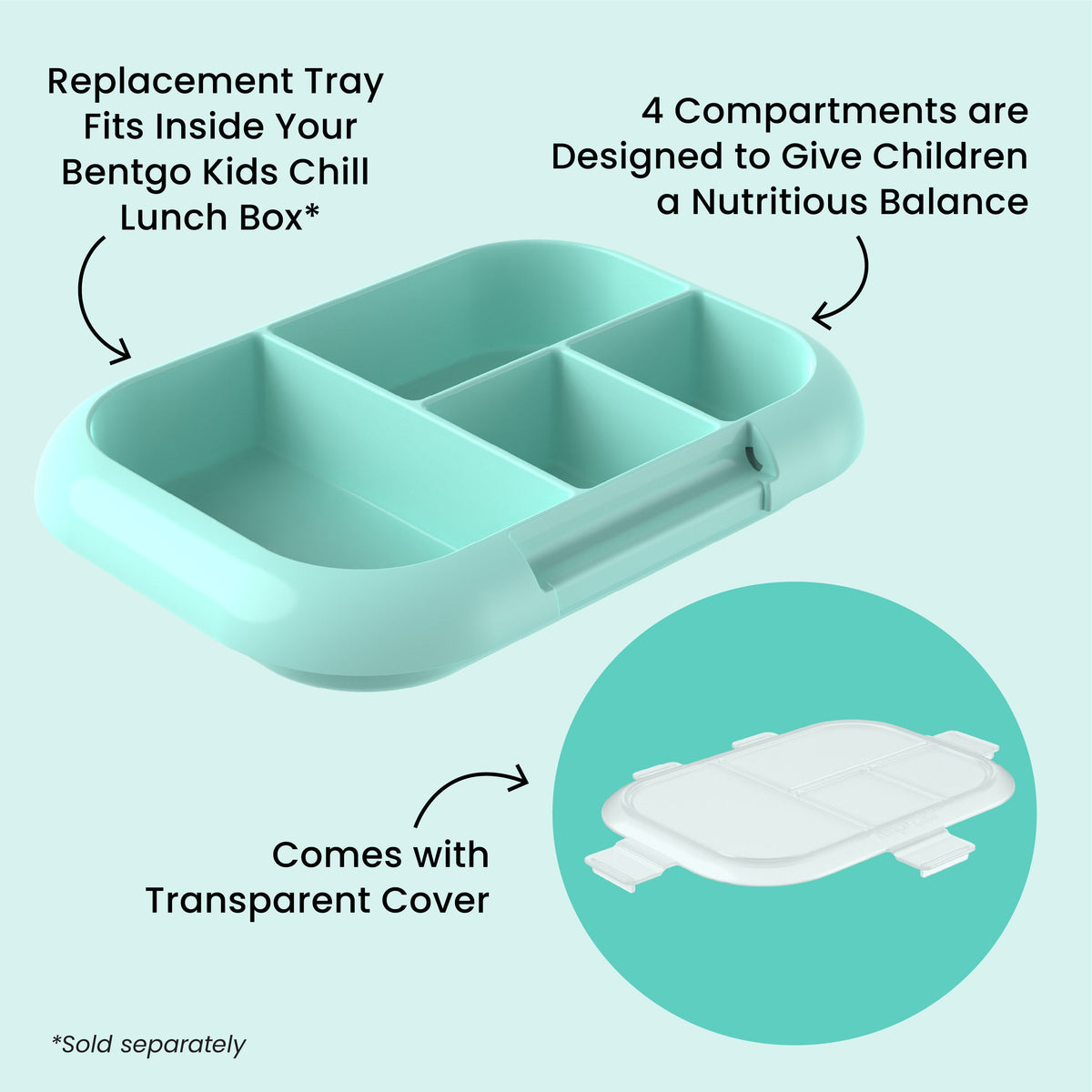 Bentgo® Chill Kids Tray with Transparent Cover - Aqua - Replacement Tray Fits Inside Your Bentgo Kids Chill Lunch Box, 4 Compartments Are Designed To Give Children A Nutritious Balance, And Comes With Transparent Cover