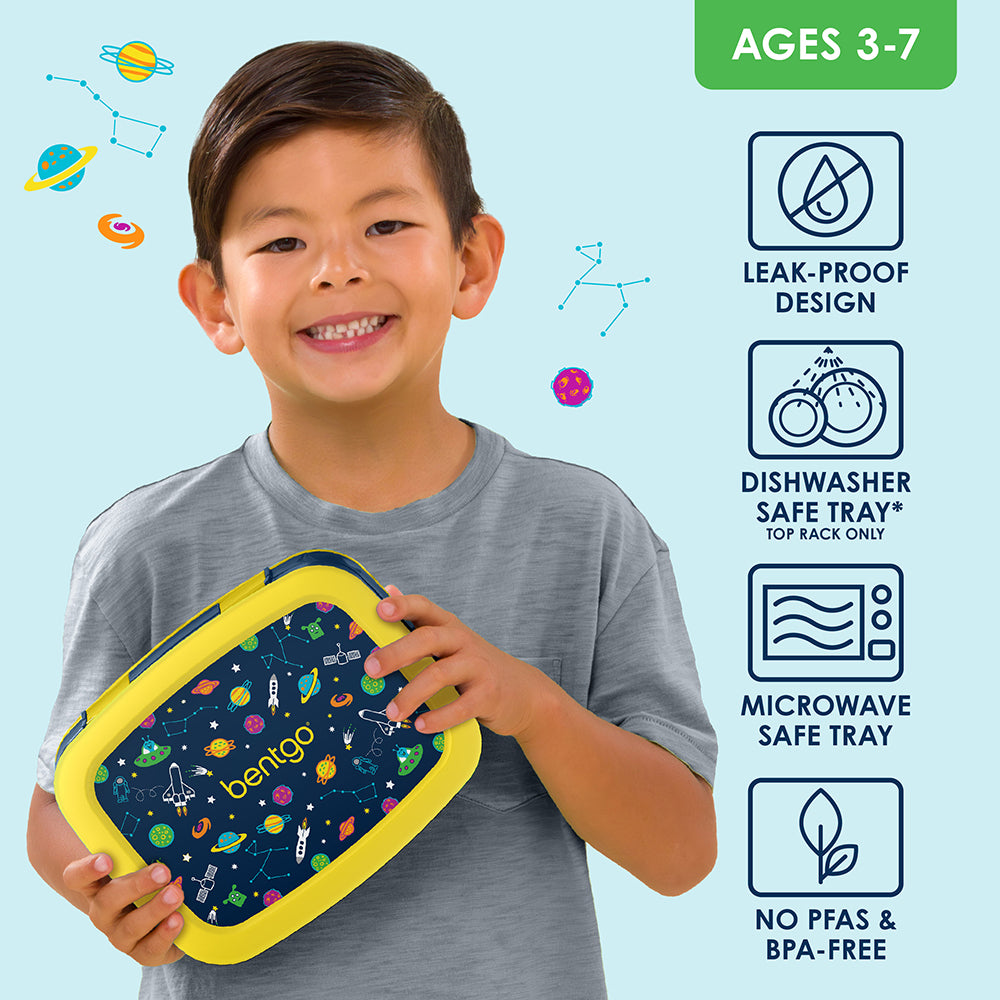 Bentgo Kids Prints Lunch Box - Space | Leak-Proof Design, Dishwasher Safe Tray (Top Rack Only), Microwave Safe Tray And No PFAS & BPA-Free