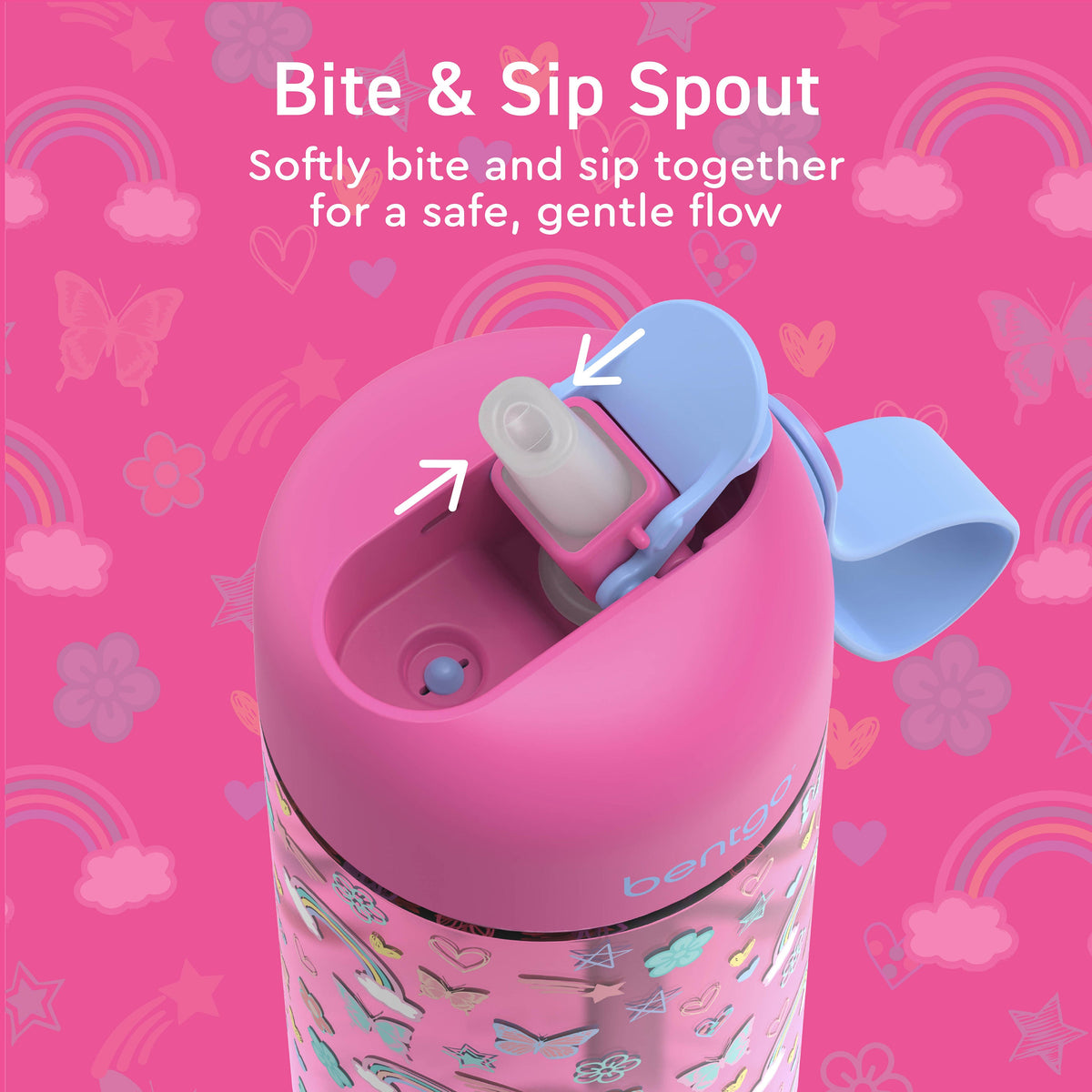 Bentgo® Kids Prints Water Bottle (2-Pack) - Rainbows Butterflies/Fairies | Bite & Sip Spout - Softly Bite And Sip Together For A Safe, Gentle Flow
