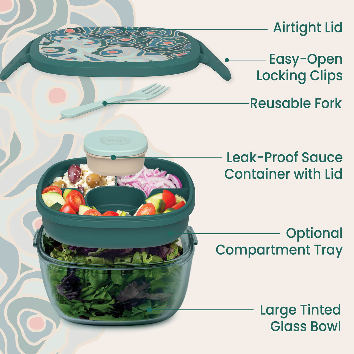 Bentgo® Glass Prints All-in-One Salad Container - Floral Maximalist - Sea | Salad Container Contains An Airtight Lid With Designer Print, Easy-Open Locking Clips, Reusable Fork, Leak-Proof Sauce Container With Lid, Optional Compartment Tray, And Large Tinted Glass Bowl