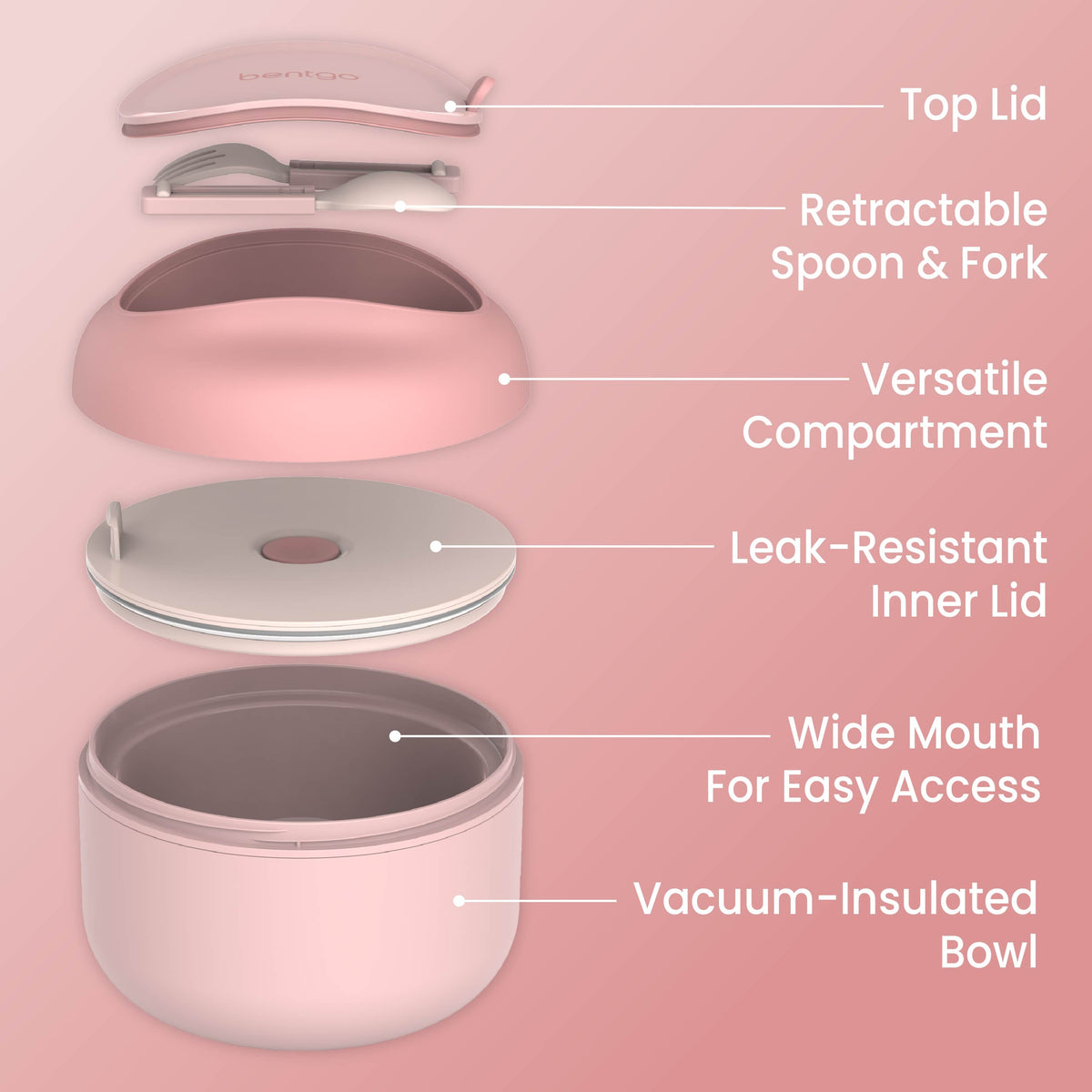 Bentgo® Bowl - Blush | Top Lid, Retractable Spoon & Fork, Versatile Compartment, Wide Mouth For Easy Access, Leak-Resistant Inner Lid, And Vacuum-Insulated Bowl
