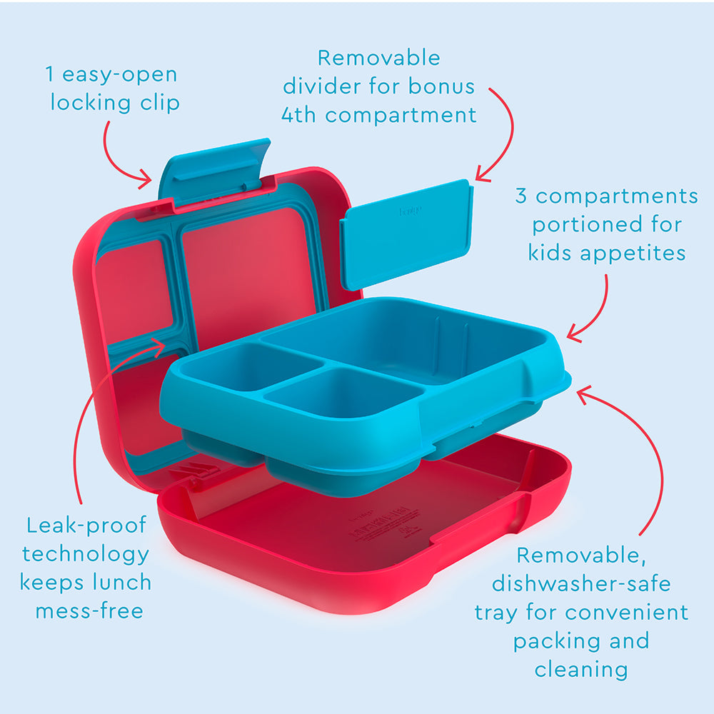 Bentgo® Pop Lunch Box- Flame Red/Turquoise | 1 Easy-Open Locking Clip, Removable Divider For Bonus 4th Compartment, 3 Compartments Portioned For Kids Appetites, Leak-Proof Technology Keeps Lunch Mess-Free, And Removable, Dishwasher-Safe Tray For Convenient Packing And Cleaning