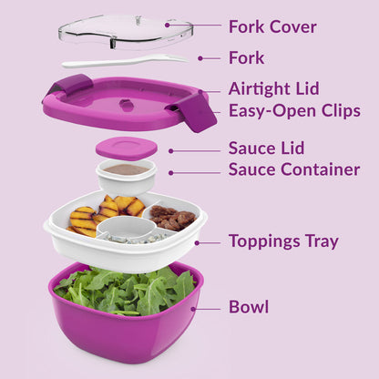 Bentgo® All-in-One Salad Container - Purple | Includes Fork Cover, Fork, Airtight Lid, Easy-Open Clips, Sauce Lid, Sauce Container, Toppings Tray, And Bowl