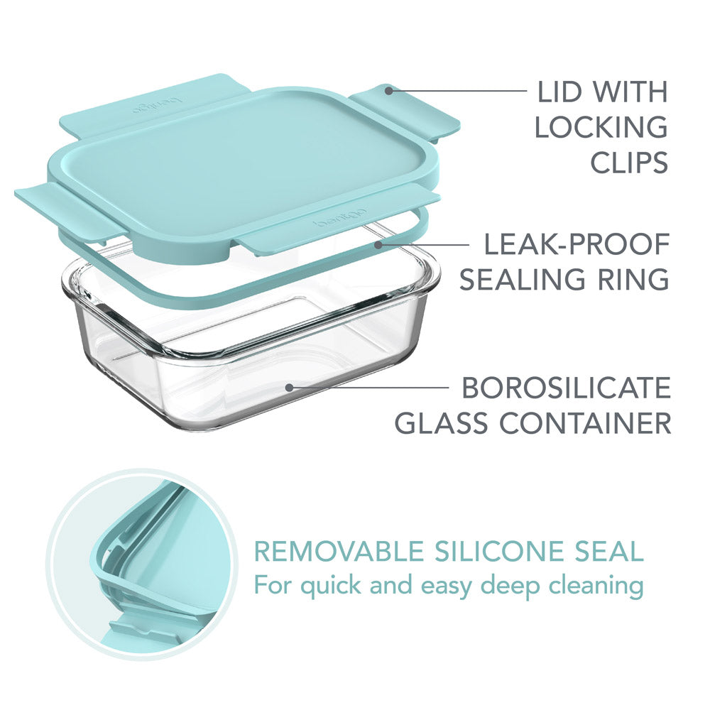 Bentgo® Glass Leak-Proof Food Storage Set (8-Piece) - Soft Aqua | Features Lid With Locking Clips, Leak-Proof Sealing Ring, Borosilicate Glass Container, And Removable Silicone Seal