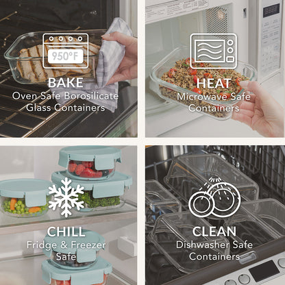 Bentgo Glass Leak-Proof Food Storage Set (6-Piece) - Soft Aqua | Oven-Safe, Microwave Safe, Fridge & Freezer Safe, And Dishwasher Safe