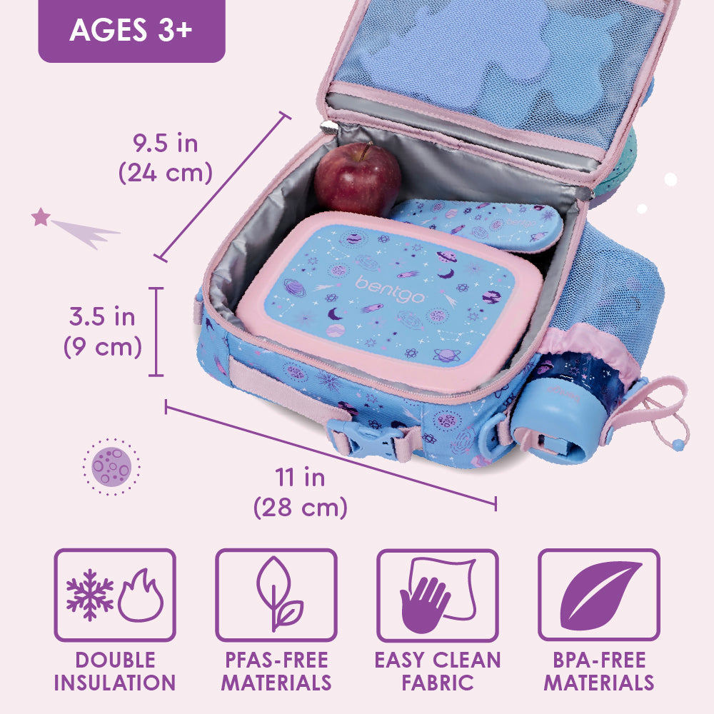 Bentgo® Kids Prints Lunch Bag - Lavender Galaxy | Double Insulation, PFAS-FREE Materials, Easy Clean Fabric, And BPA-Free Materials