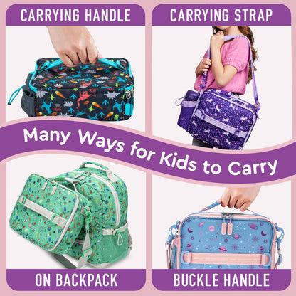 Bentgo® Kids Prints Lunch Bag - Lavender Galaxy | Many Ways For Kids To Carry - Carrying Handle, Carrying Strap, On Backpack, And Buckle Handle