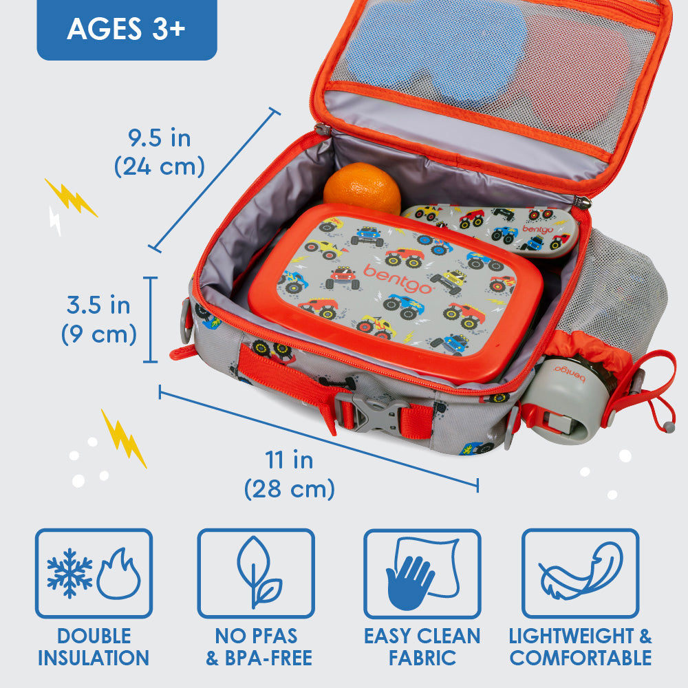 Bentgo® Kids Prints Lunch Bag - Trucks | Double Insulation, No PFAS & BPA-Free, Easy Clean Fabric, And Lightweight & Comfortable